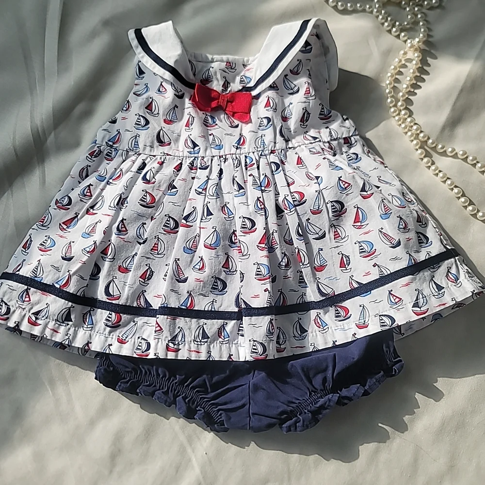 Multiples White Eyelet Dress with Navy & Red Nautical Sailboat Top